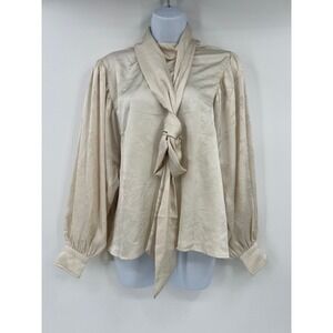 HM Edition Size Small Cream Floral Jacquard Tie Neck Puff Sleeve Satin Blouse